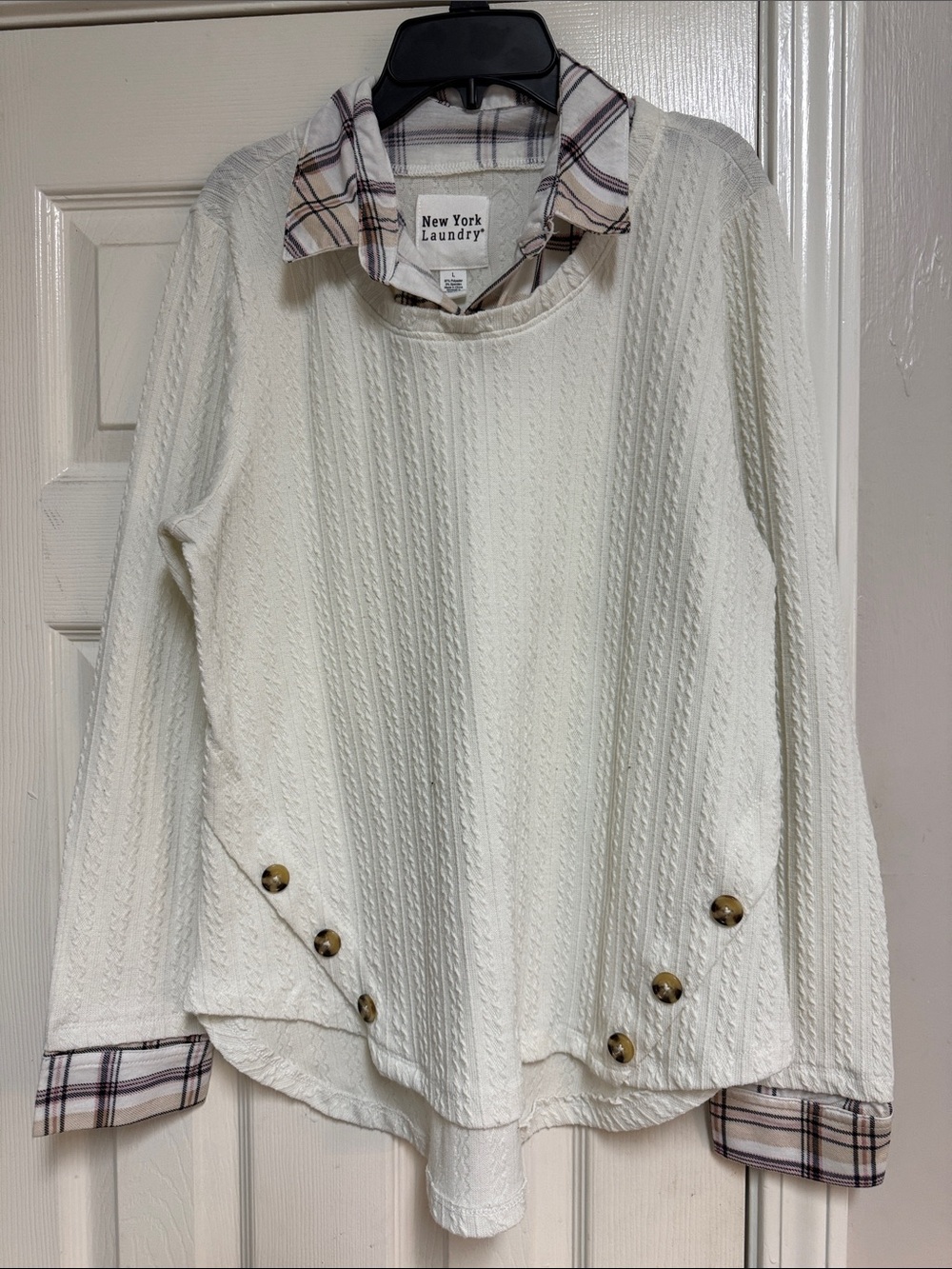 New York Laundry Cream Sweater with Plaid Trim and Bronze Buttons